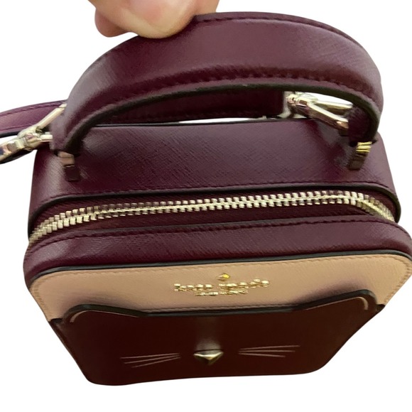 Kate Spade New York Meow Cat Daisy Crossbody Bag Burgundy Saffiano Leather - Picture 2 of 16